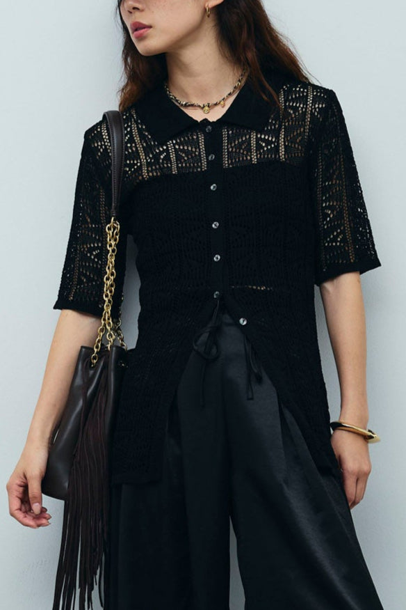 [予約]透かし編みポロニットカーディガン