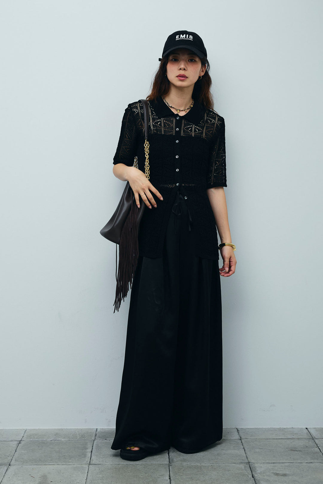 [予約/SET]透かし編みポロニットカーディガン+ウエストドロストサテンパンツ(2set)