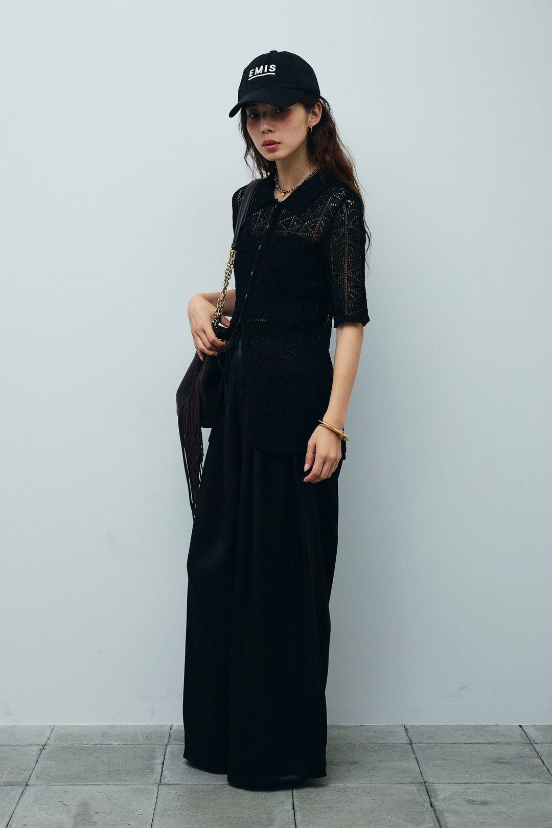 [予約/SET]透かし編みポロニットカーディガン+ウエストドロストサテンパンツ(2set)