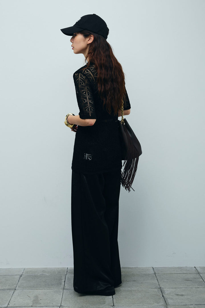 [予約/SET]透かし編みポロニットカーディガン+ウエストドロストサテンパンツ(2set)