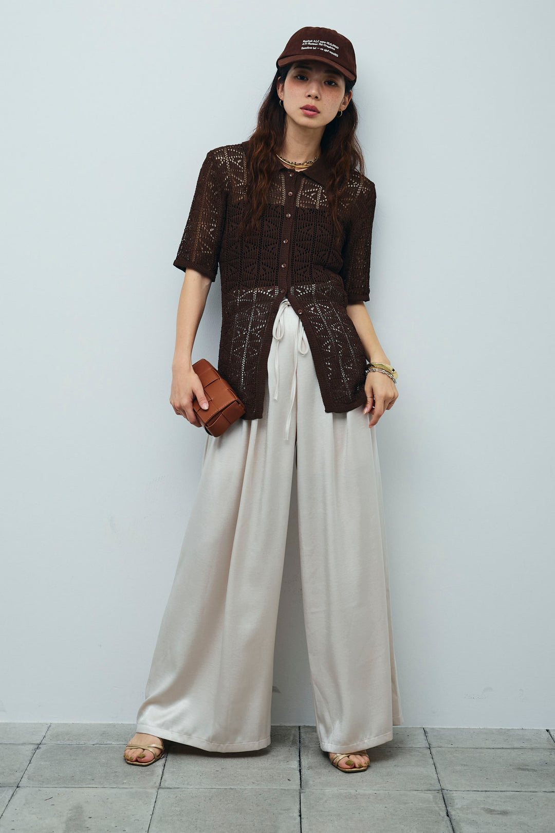 [予約/SET]透かし編みポロニットカーディガン+ウエストドロストサテンパンツ(2set)