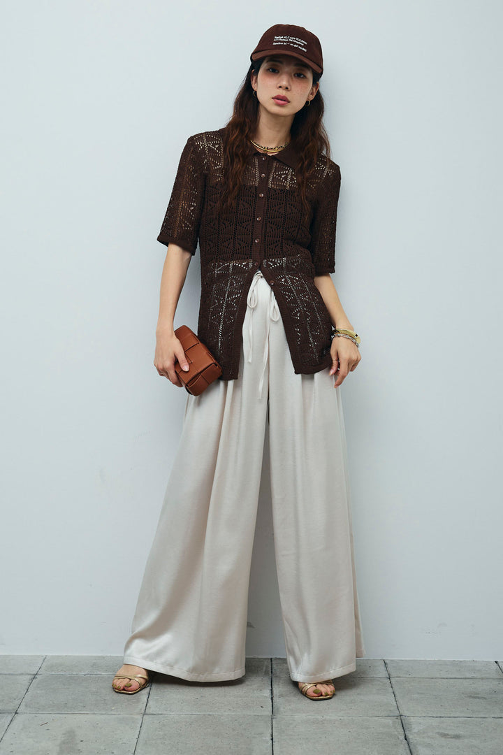 [予約/SET]透かし編みポロニットカーディガン+ウエストドロストサテンパンツ(2set)