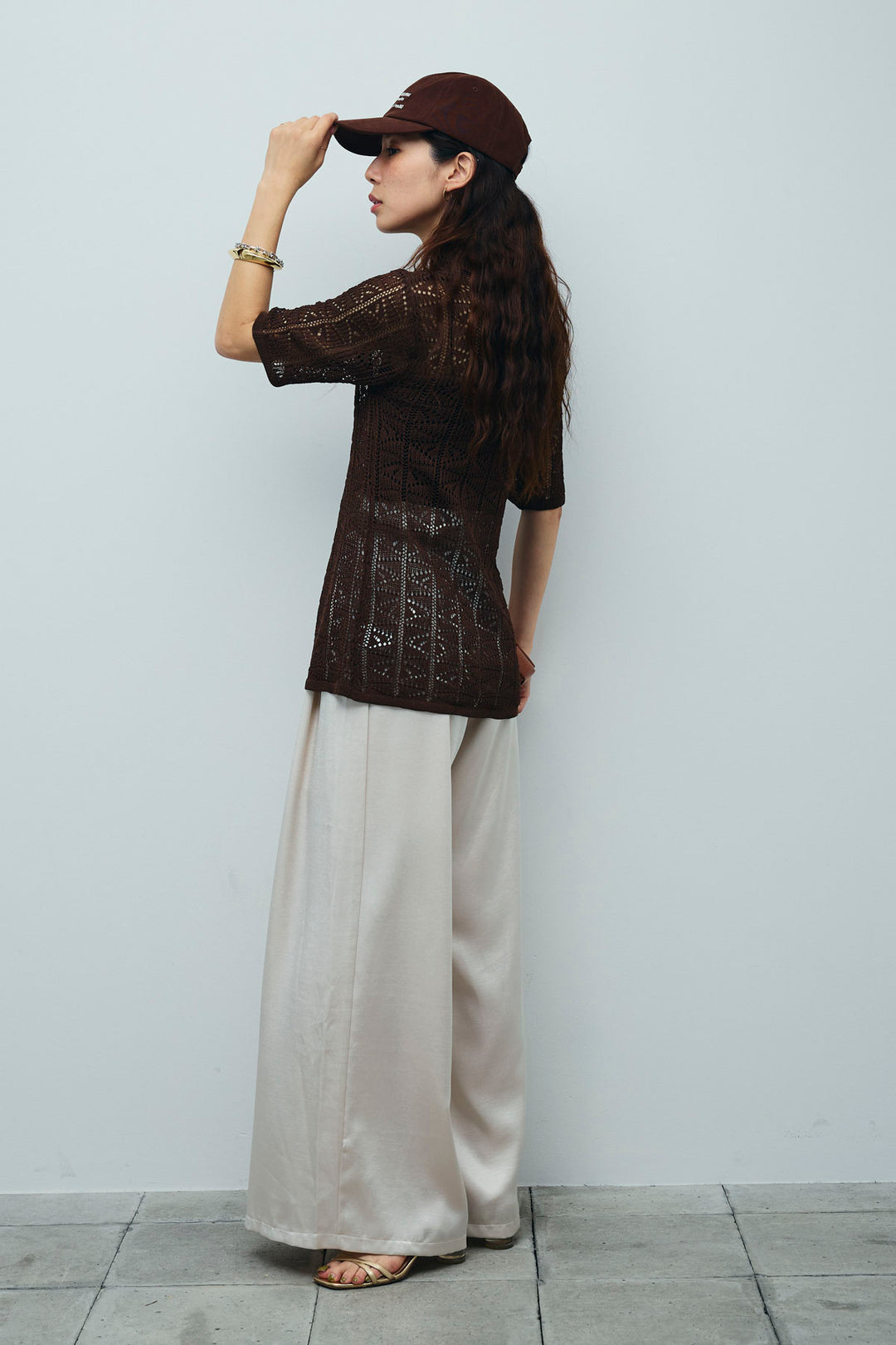 [予約/SET]透かし編みポロニットカーディガン+ウエストドロストサテンパンツ(2set)