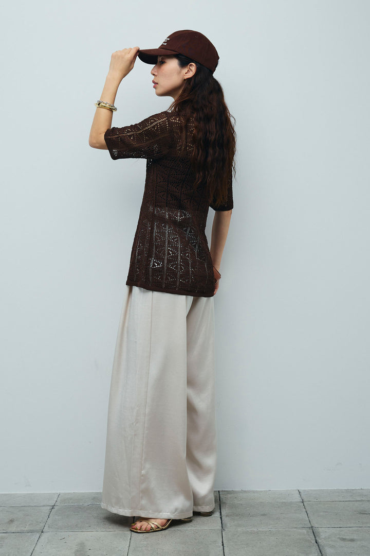 [予約/SET]透かし編みポロニットカーディガン+ウエストドロストサテンパンツ(2set)