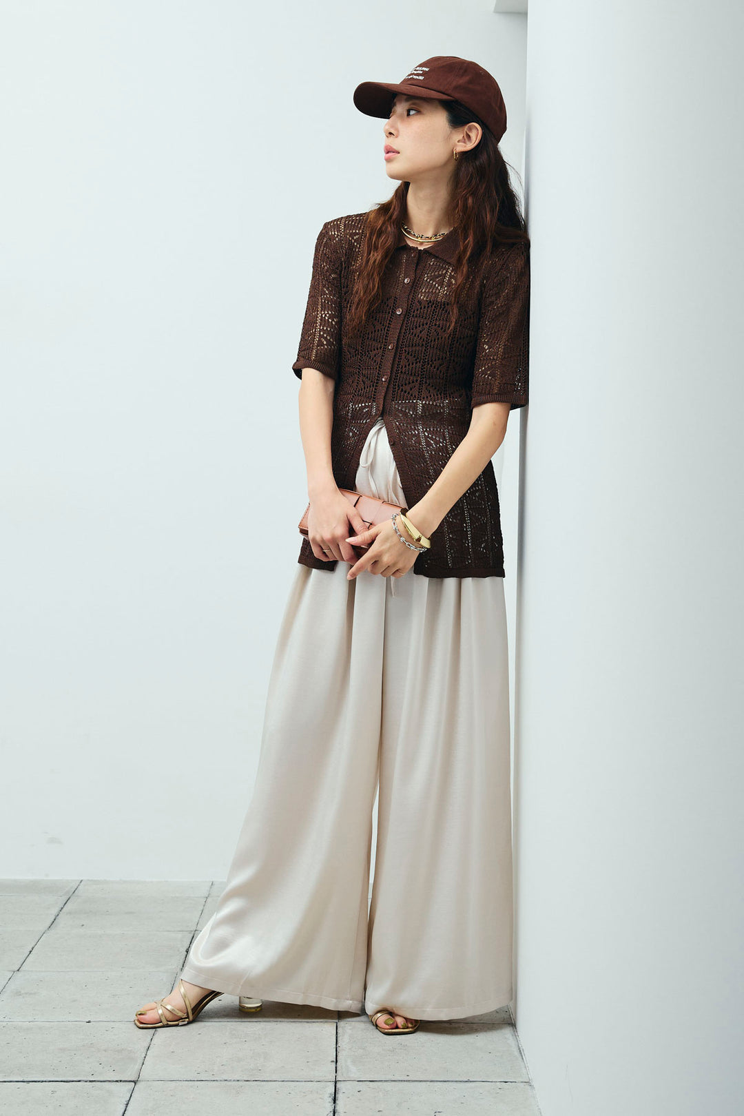 [予約/SET]透かし編みポロニットカーディガン+ウエストドロストサテンパンツ(2set)