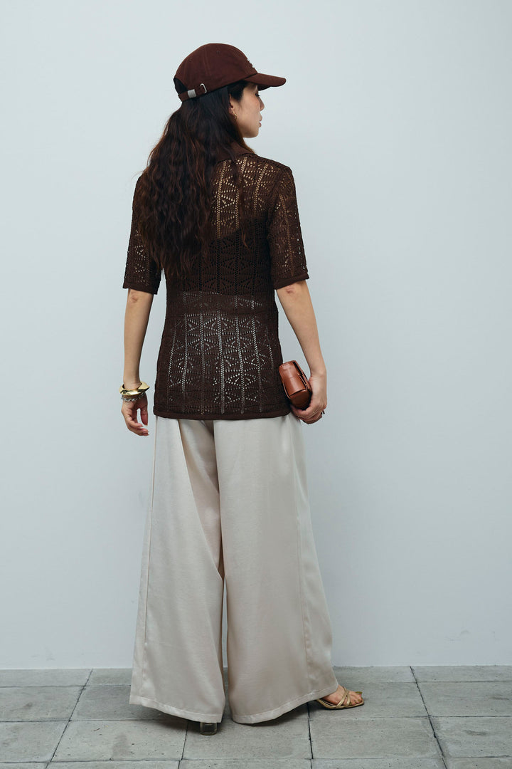 [予約/SET]透かし編みポロニットカーディガン+ウエストドロストサテンパンツ(2set)