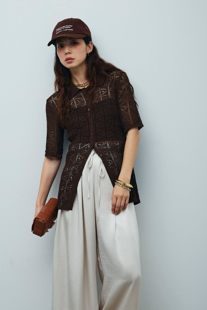 [予約/SET]透かし編みポロニットカーディガン+ウエストドロストサテンパンツ(2set)