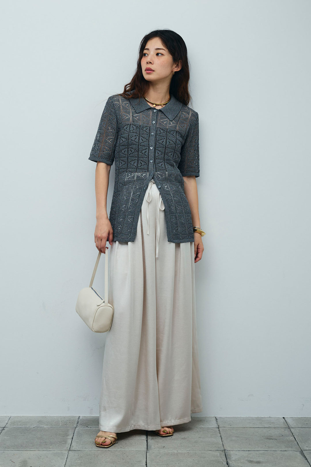 [予約/SET]透かし編みポロニットカーディガン+ウエストドロストサテンパンツ(2set)