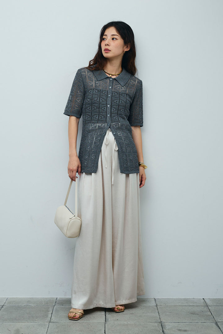 [予約/SET]透かし編みポロニットカーディガン+ウエストドロストサテンパンツ(2set)