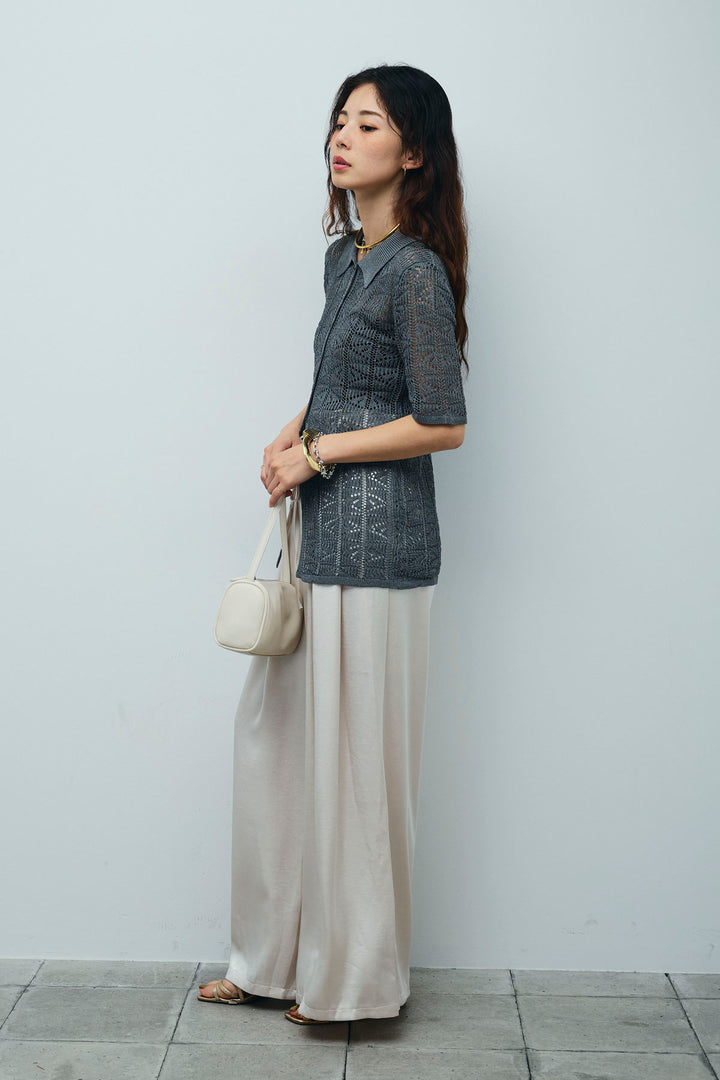 [予約/SET]透かし編みポロニットカーディガン+ウエストドロストサテンパンツ(2set)