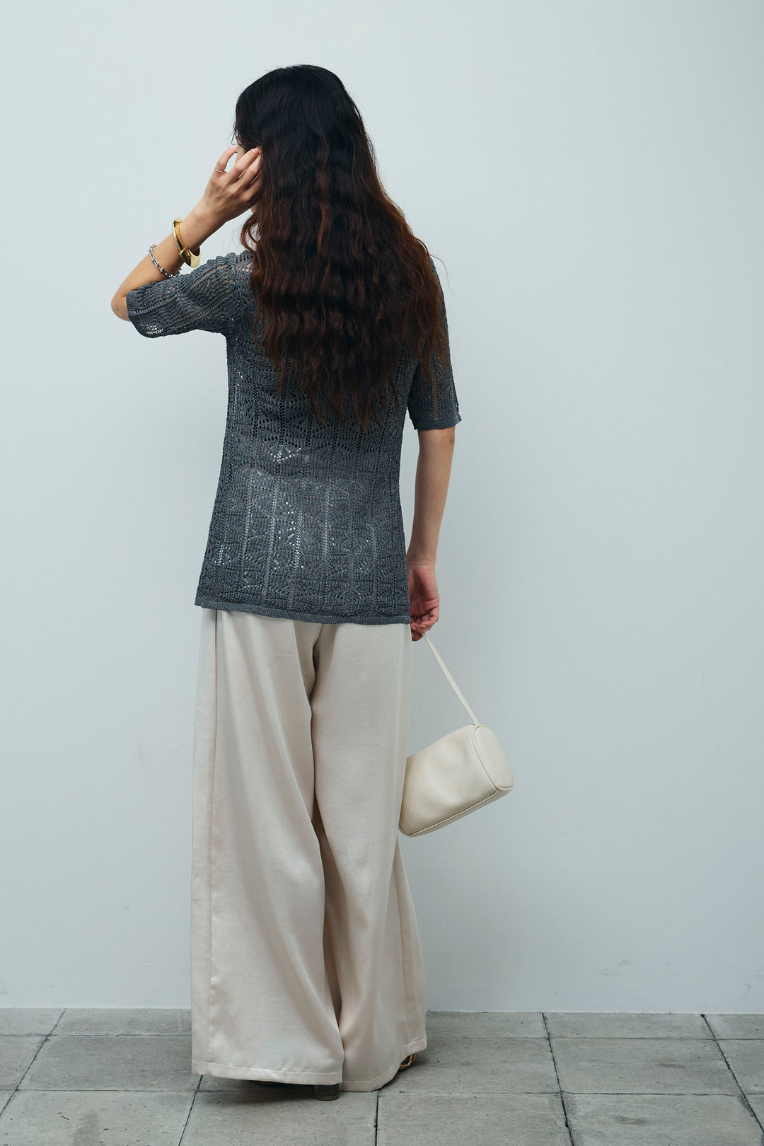 [予約/SET]透かし編みポロニットカーディガン+ウエストドロストサテンパンツ(2set)