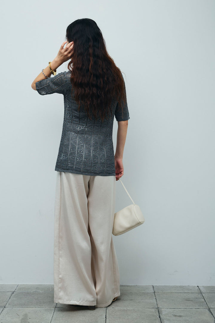 [予約/SET]透かし編みポロニットカーディガン+ウエストドロストサテンパンツ(2set)