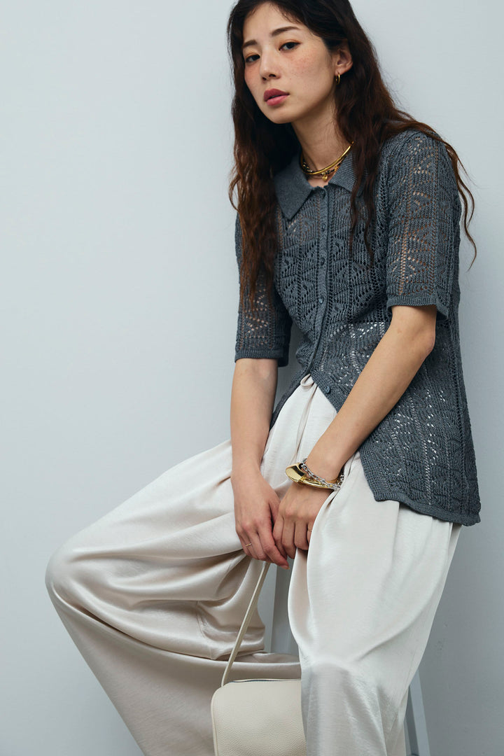 [予約]透かし編みポロニットカーディガン