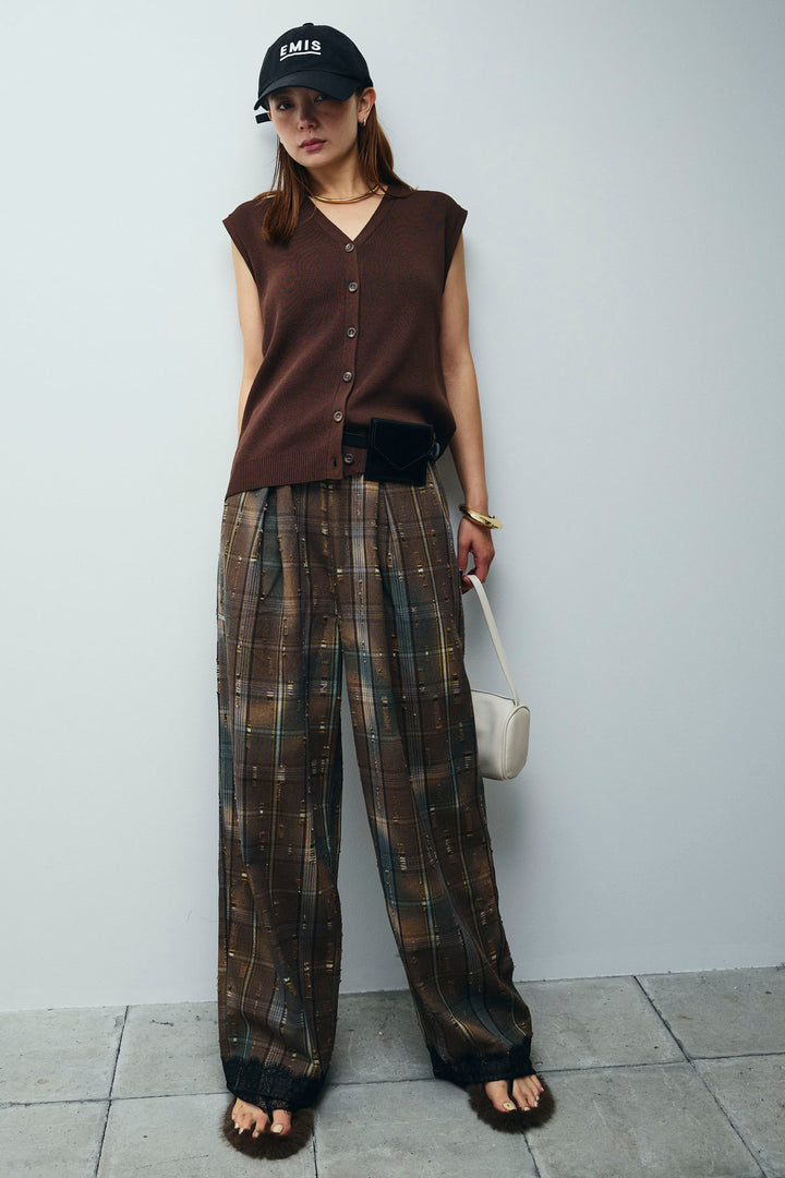 [予約/SET]Vネックベスト+レースドッキングビンテージ加工チェックパンツ(2set)