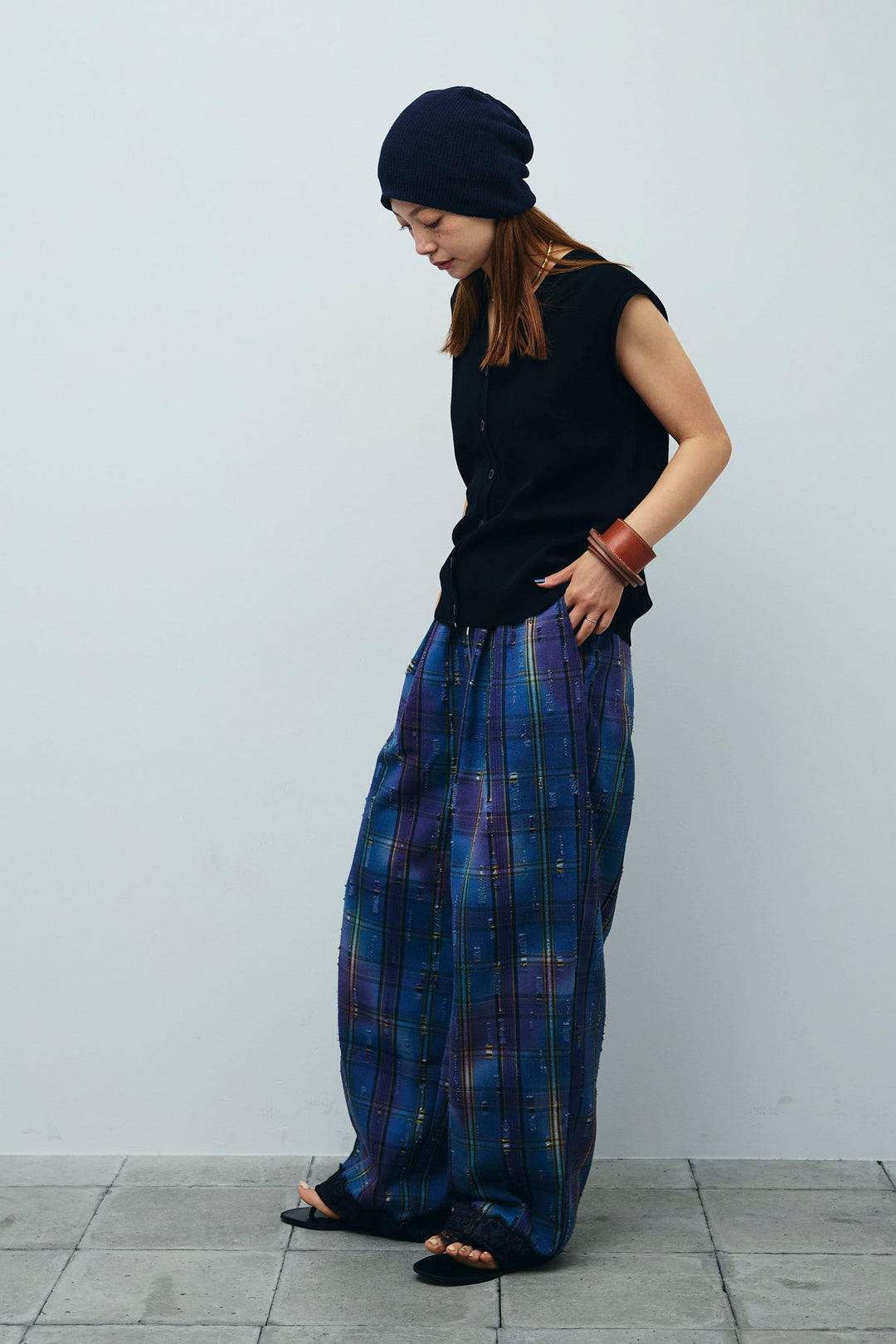 [予約/SET]Vネックベスト+レースドッキングビンテージ加工チェックパンツ(2set)