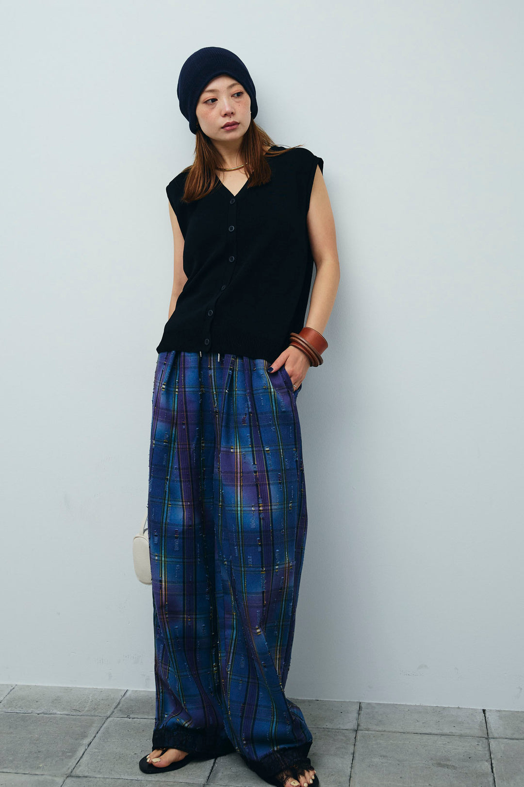 [予約/SET]Vネックベスト+レースドッキングビンテージ加工チェックパンツ(2set)