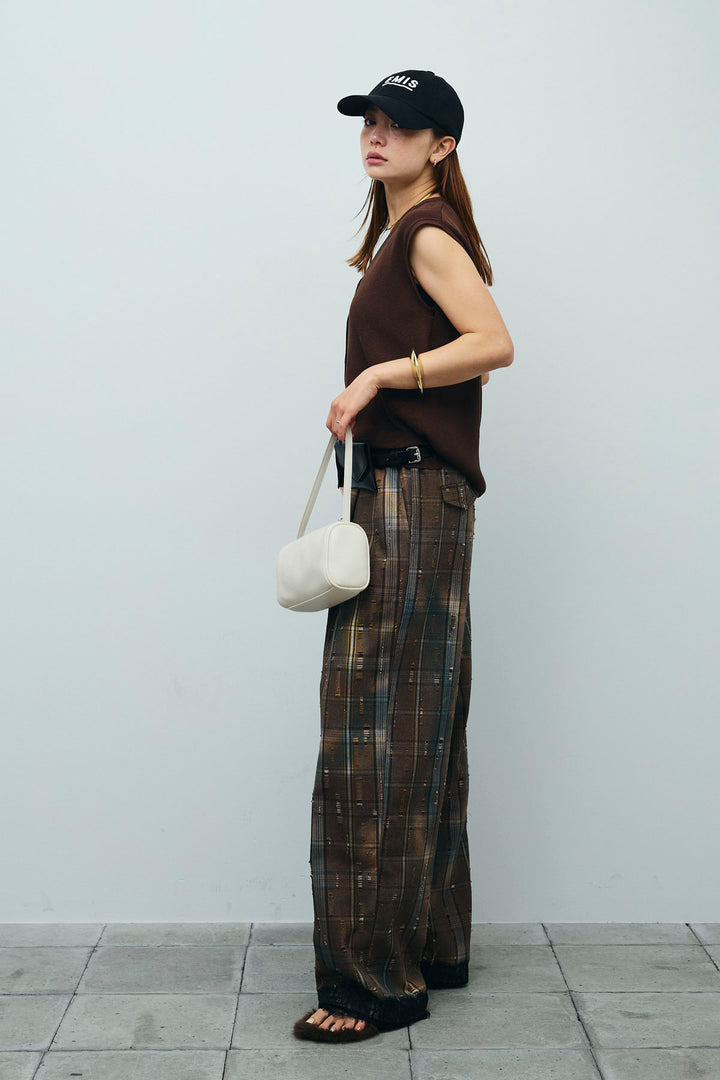 [予約/SET]Vネックベスト+レースドッキングビンテージ加工チェックパンツ(2set)