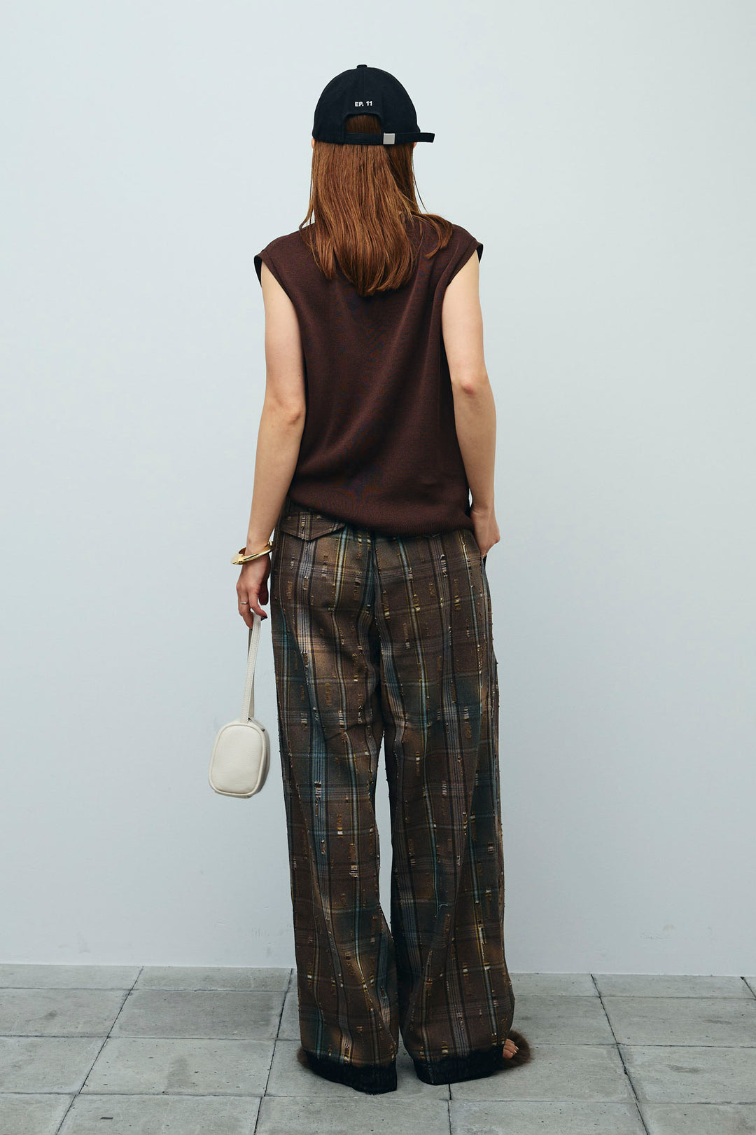 [予約/SET]Vネックベスト+レースドッキングビンテージ加工チェックパンツ(2set)