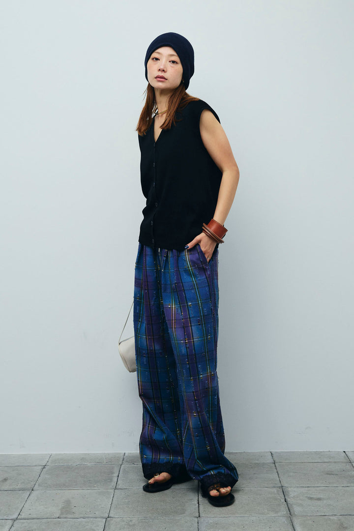 [予約/SET]Vネックベスト+レースドッキングビンテージ加工チェックパンツ(2set)