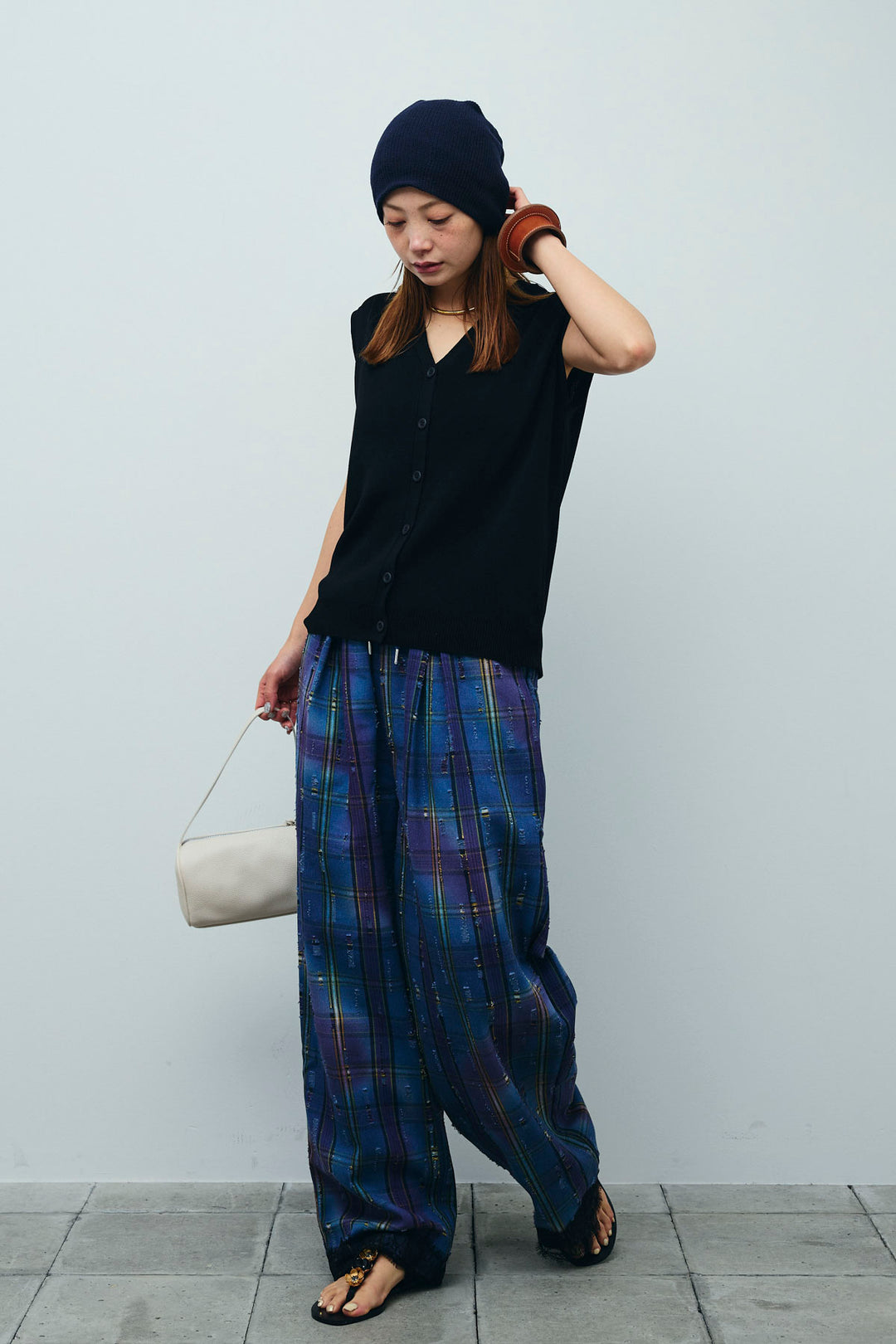 [予約/SET]Vネックベスト+レースドッキングビンテージ加工チェックパンツ(2set)