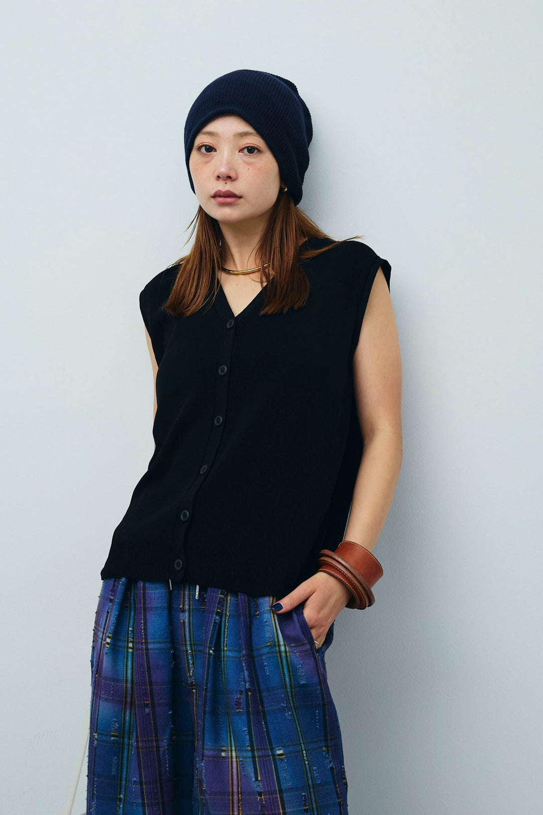 [予約/SET]Vネックベスト+レースドッキングビンテージ加工チェックパンツ(2set)