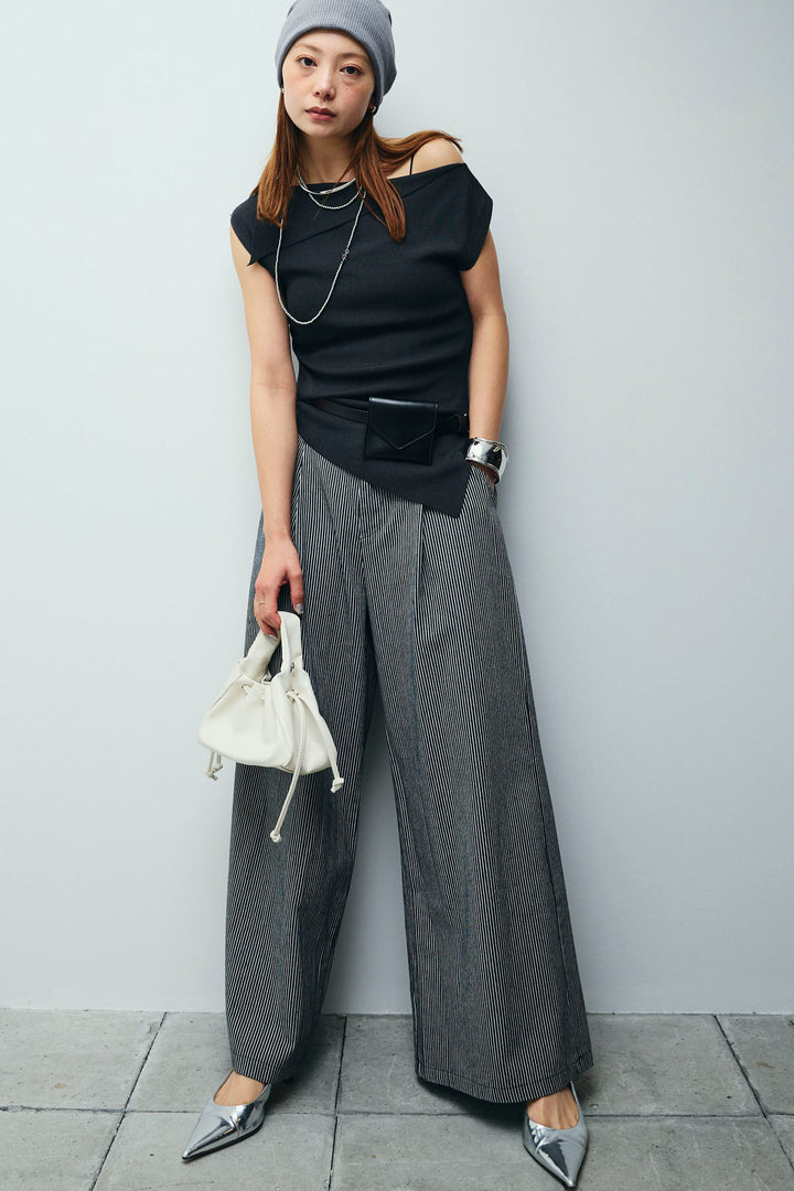 [予約/SET]アシンメトリーオフショルサマーニット+細ストライプワイドパンツ(2set)