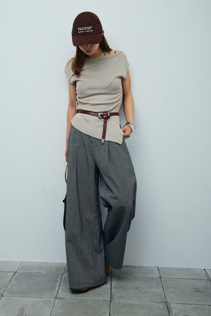 [予約/SET]アシンメトリーオフショルサマーニット+細ストライプワイドパンツ(2set)