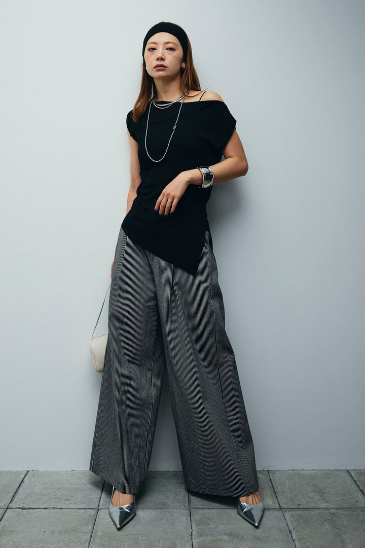 [予約/SET]アシンメトリーオフショルサマーニット+細ストライプワイドパンツ(2set)