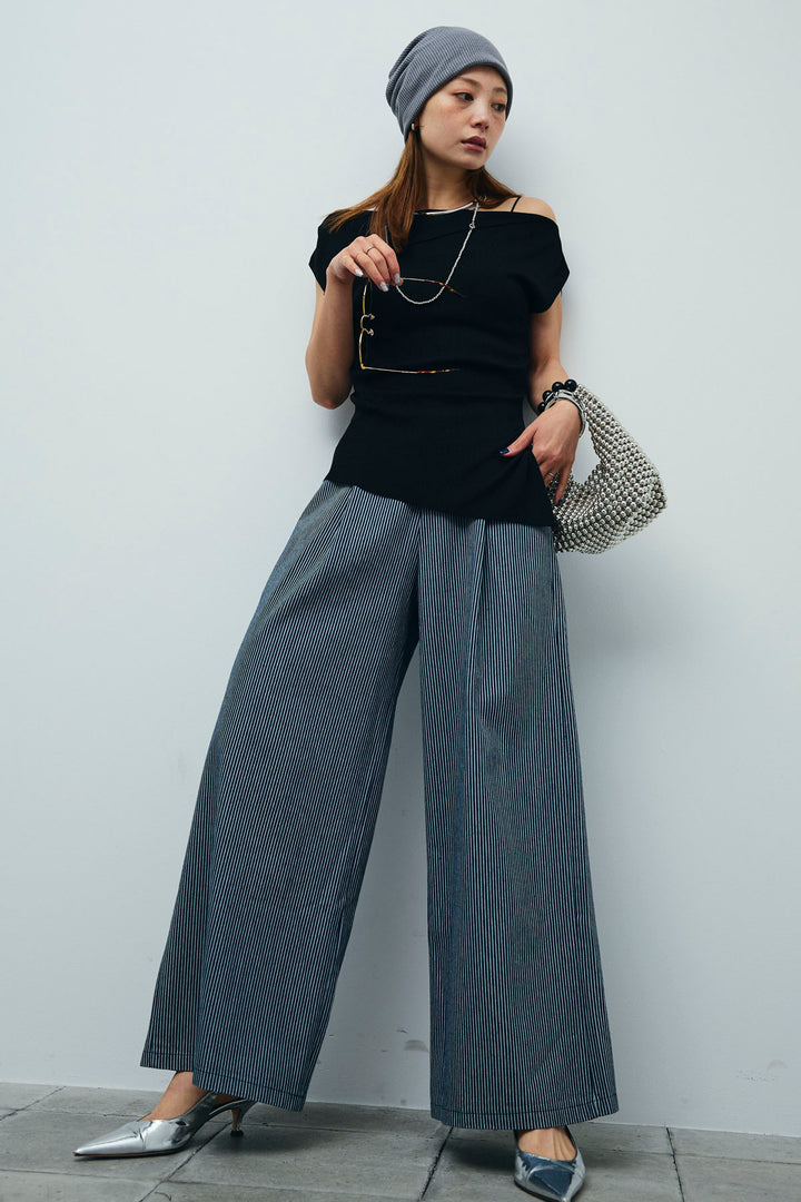 [予約/SET]アシンメトリーオフショルサマーニット+細ストライプワイドパンツ(2set)