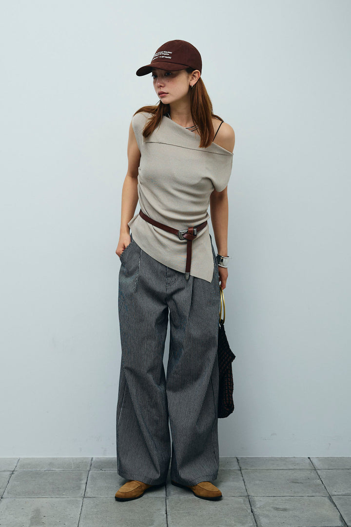 [予約/SET]アシンメトリーオフショルサマーニット+細ストライプワイドパンツ(2set)