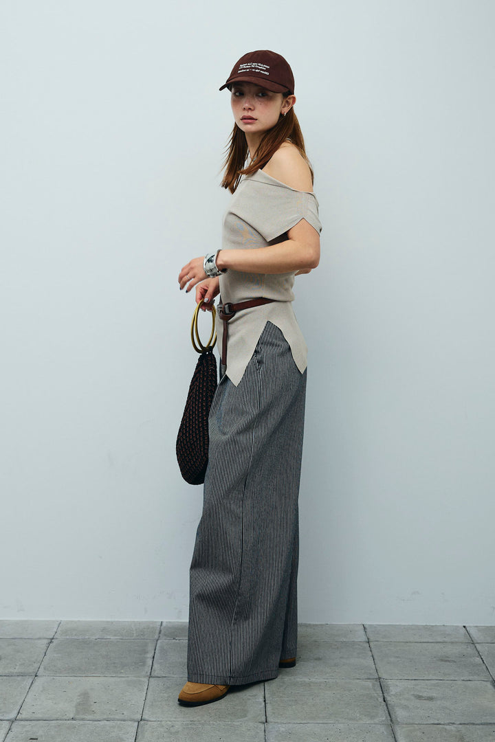 [予約/SET]アシンメトリーオフショルサマーニット+細ストライプワイドパンツ(2set)