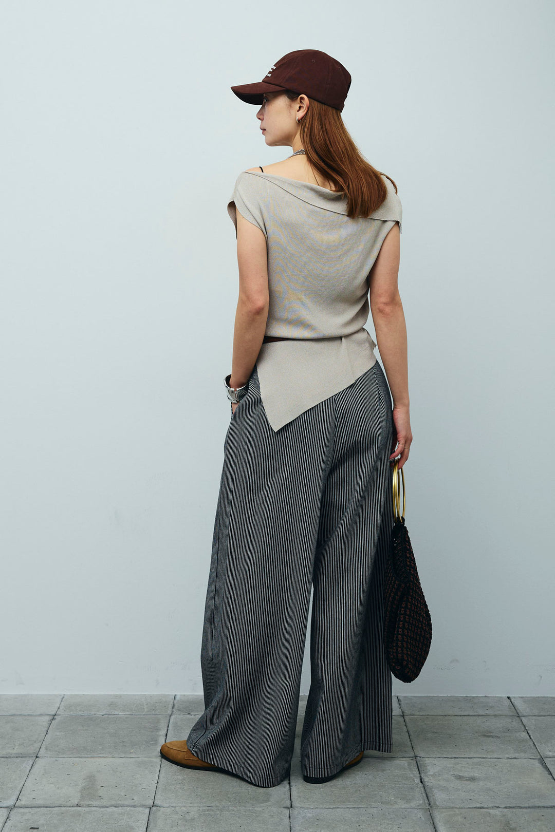 [予約/SET]アシンメトリーオフショルサマーニット+細ストライプワイドパンツ(2set)