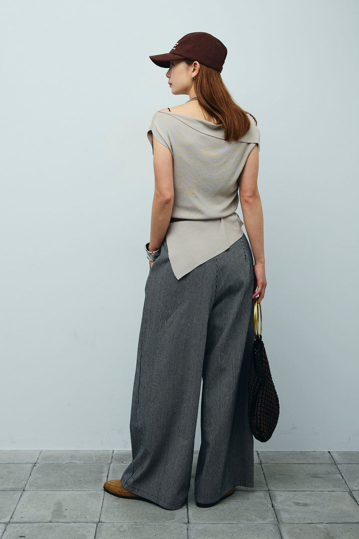 [予約/SET]アシンメトリーオフショルサマーニット+細ストライプワイドパンツ(2set)