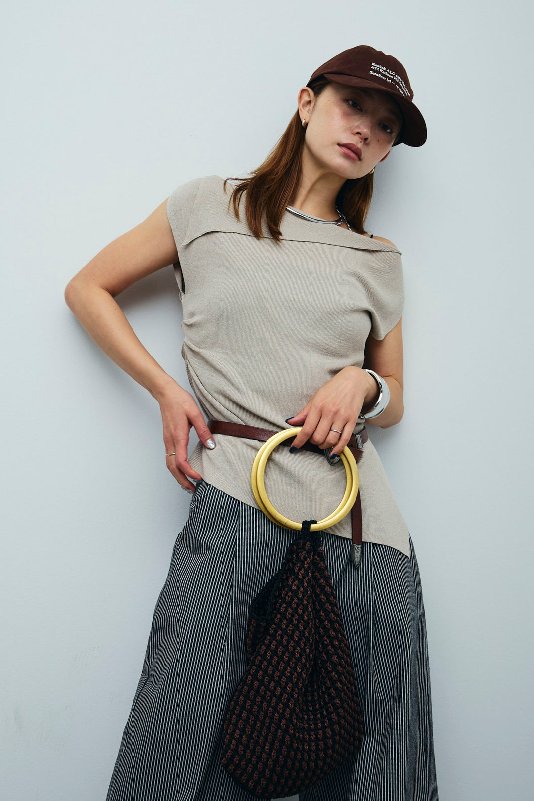 [予約/SET]アシンメトリーオフショルサマーニット+細ストライプワイドパンツ(2set)