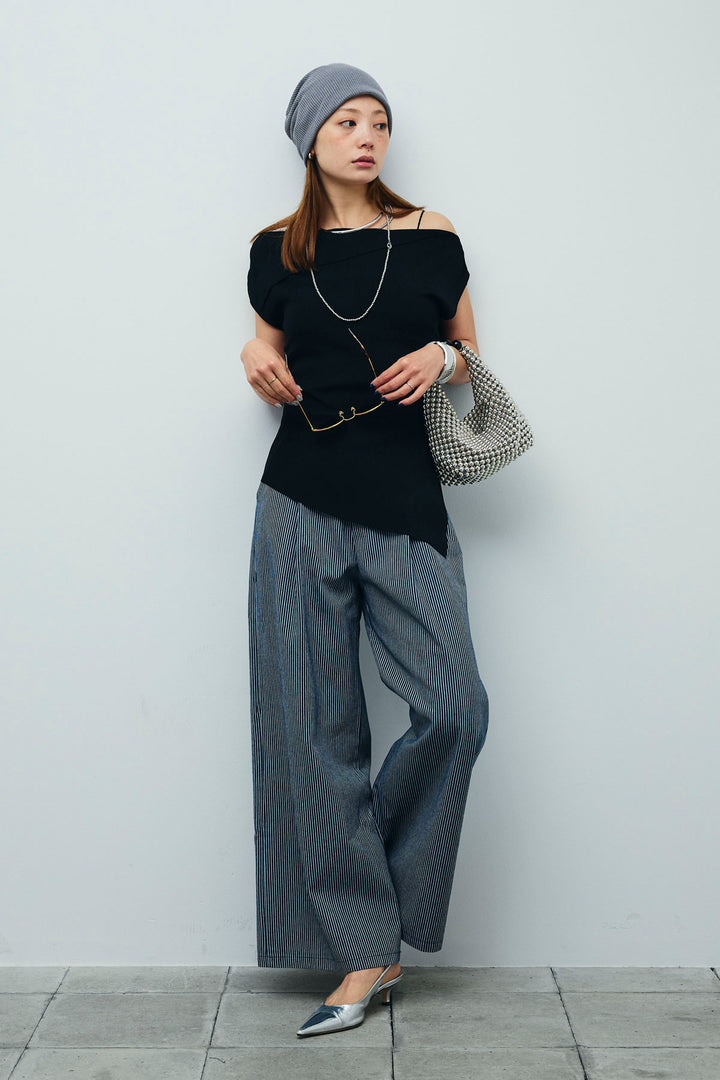 [予約/SET]アシンメトリーオフショルサマーニット+細ストライプワイドパンツ(2set)