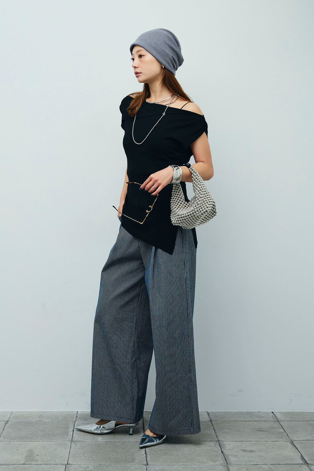 [予約/SET]アシンメトリーオフショルサマーニット+細ストライプワイドパンツ(2set)