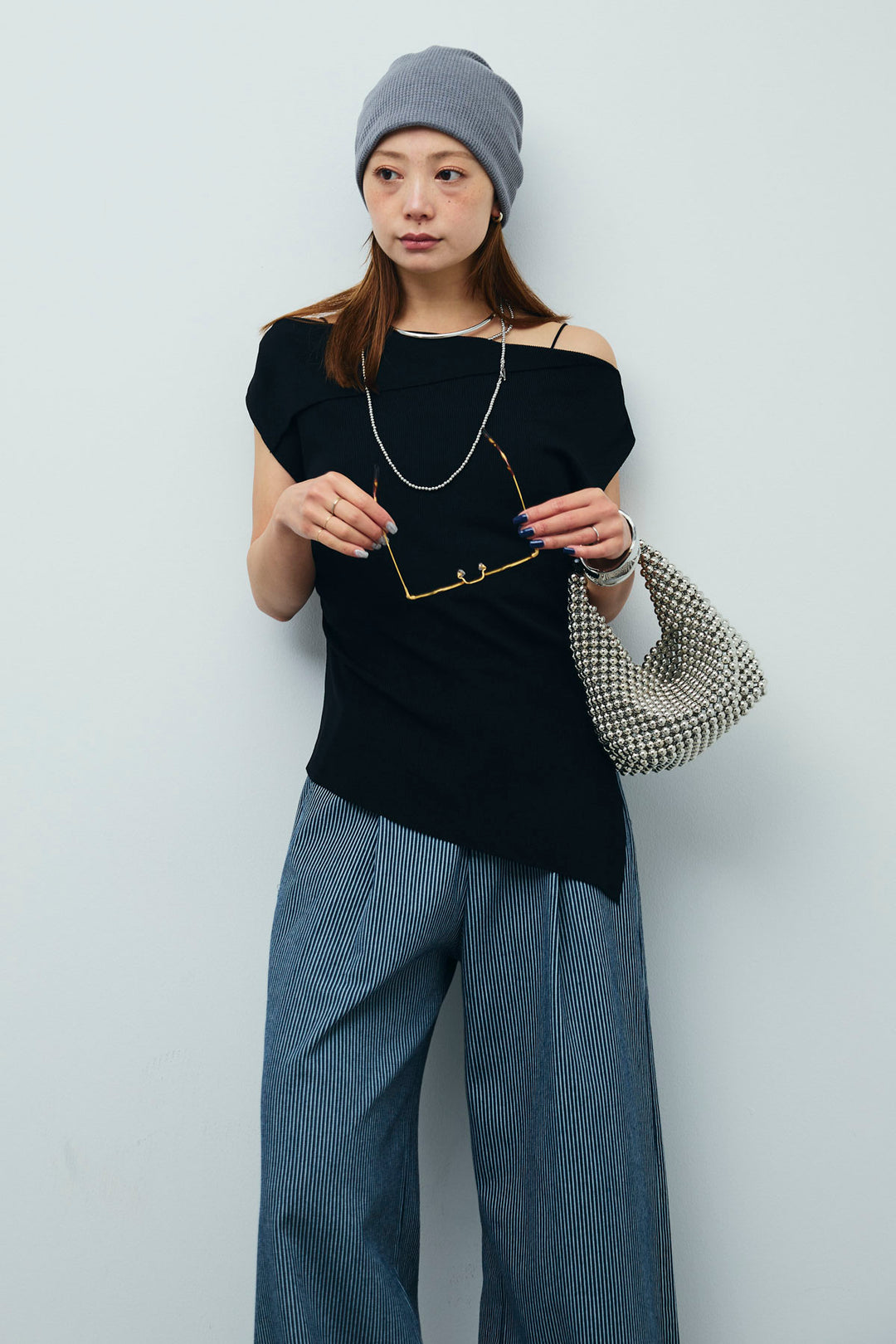 [予約/SET]アシンメトリーオフショルサマーニット+細ストライプワイドパンツ(2set)