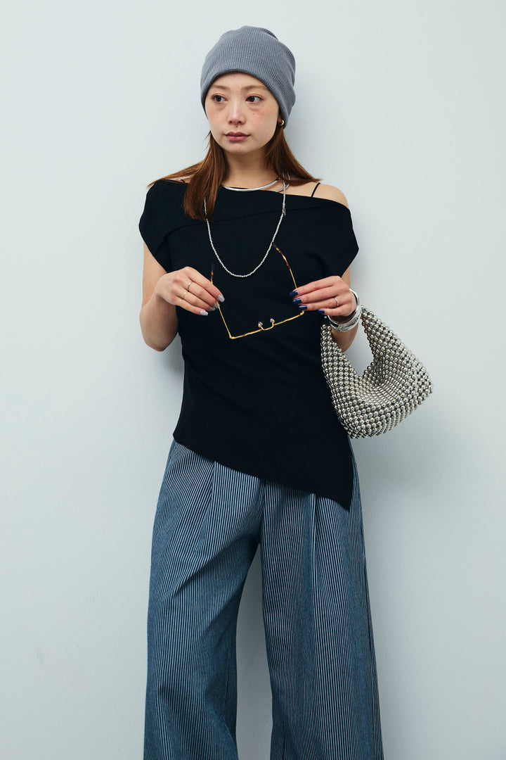 [予約/SET]アシンメトリーオフショルサマーニット+細ストライプワイドパンツ(2set)