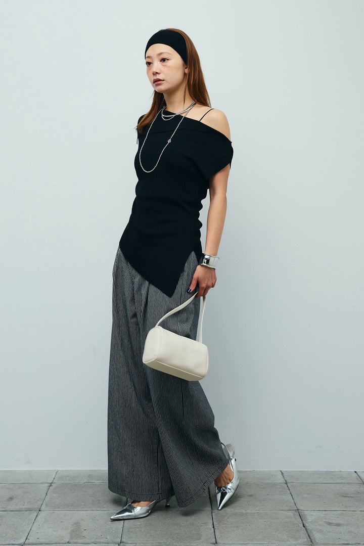 [予約/SET]アシンメトリーオフショルサマーニット+細ストライプワイドパンツ(2set)