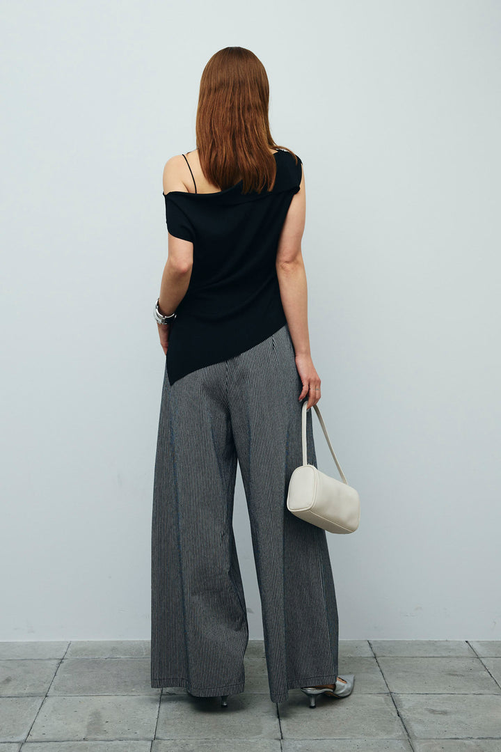 [予約/SET]アシンメトリーオフショルサマーニット+細ストライプワイドパンツ(2set)