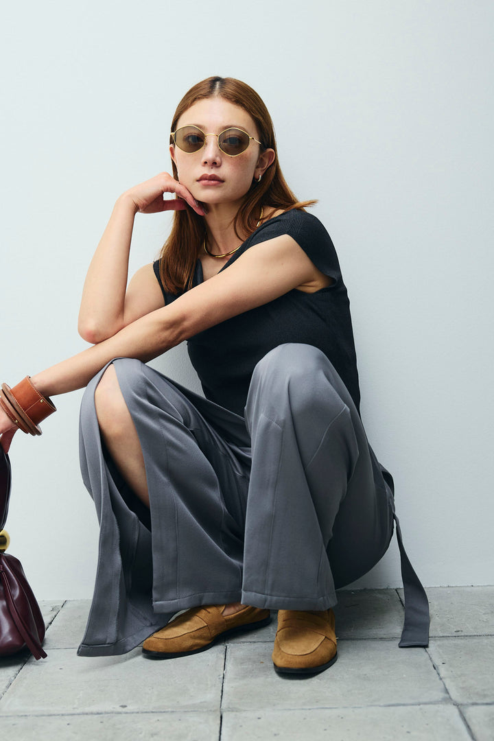 [予約/SET]アシンメトリーオフショルサマーニット+スリットラップパンツ(2set)