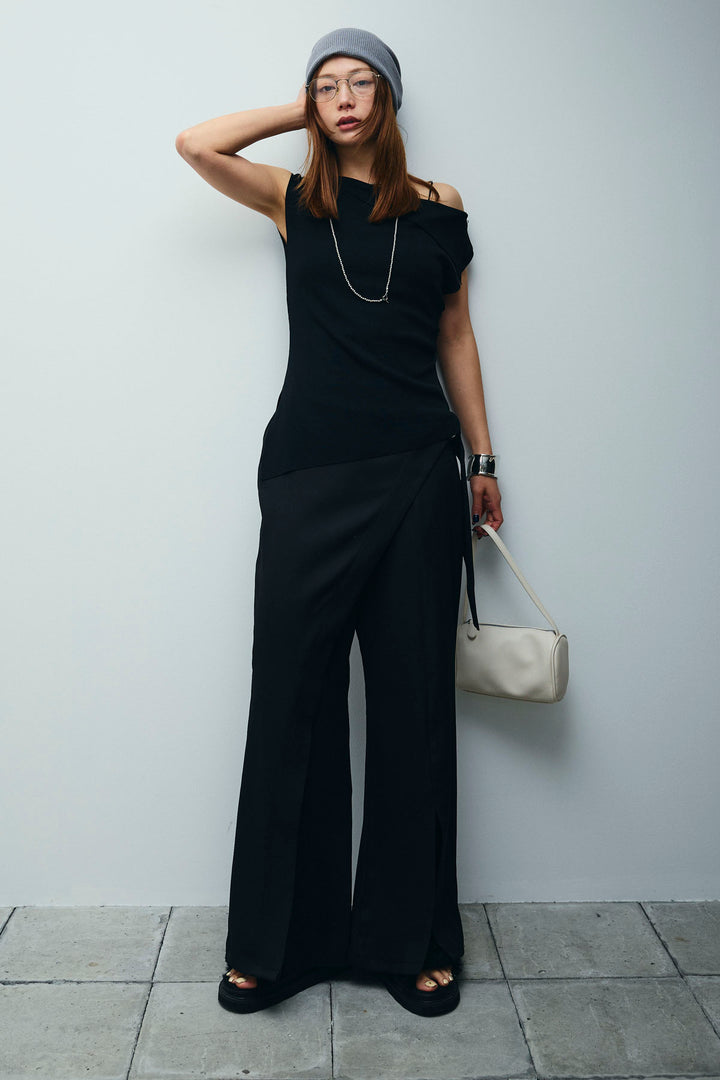 [予約/SET]アシンメトリーオフショルサマーニット+スリットラップパンツ(2set)