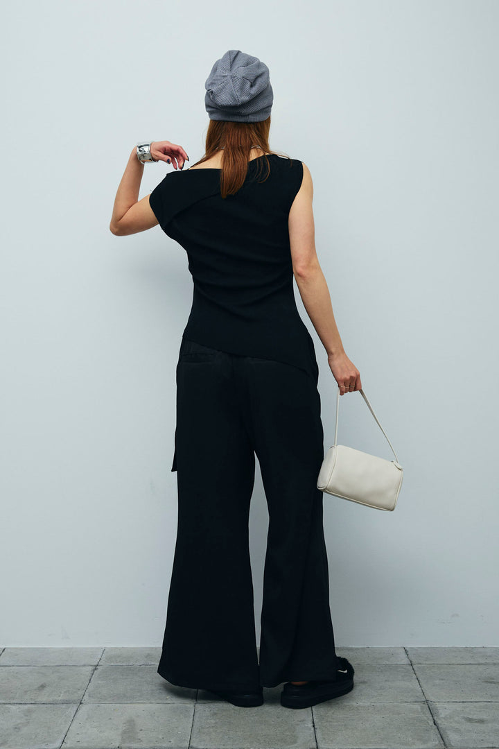 [予約/SET]アシンメトリーオフショルサマーニット+スリットラップパンツ(2set)