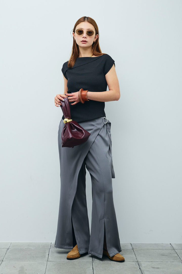 [予約/SET]アシンメトリーオフショルサマーニット+スリットラップパンツ(2set)