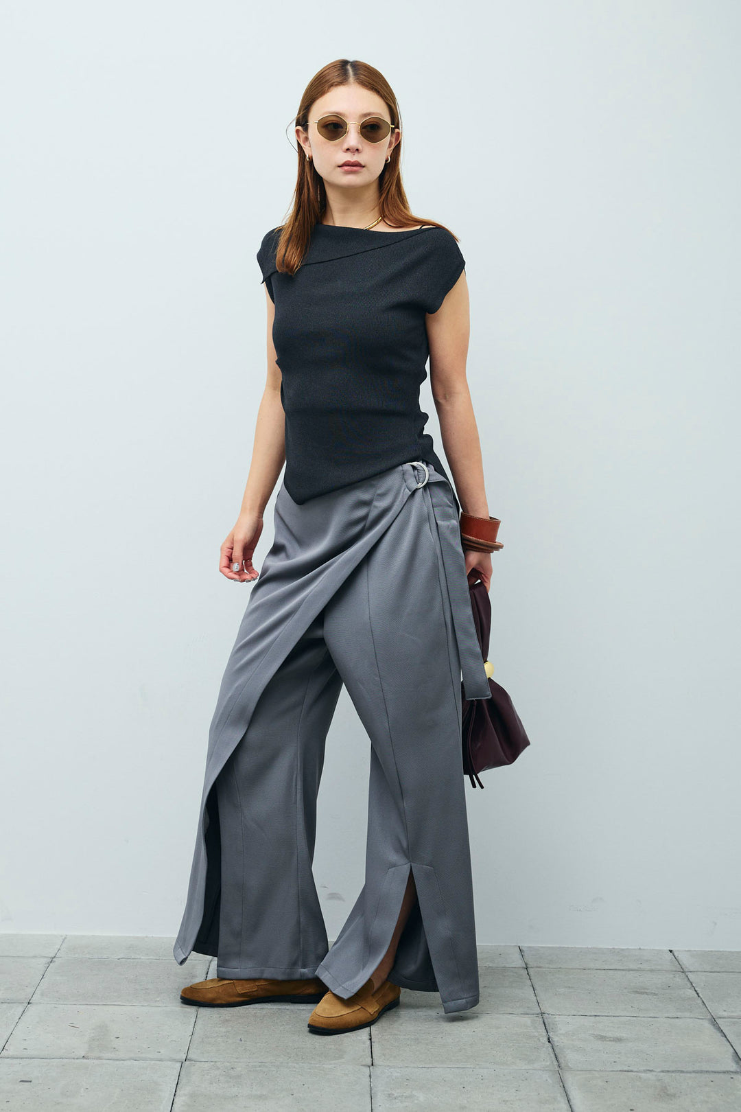 [予約/SET]アシンメトリーオフショルサマーニット+スリットラップパンツ(2set)