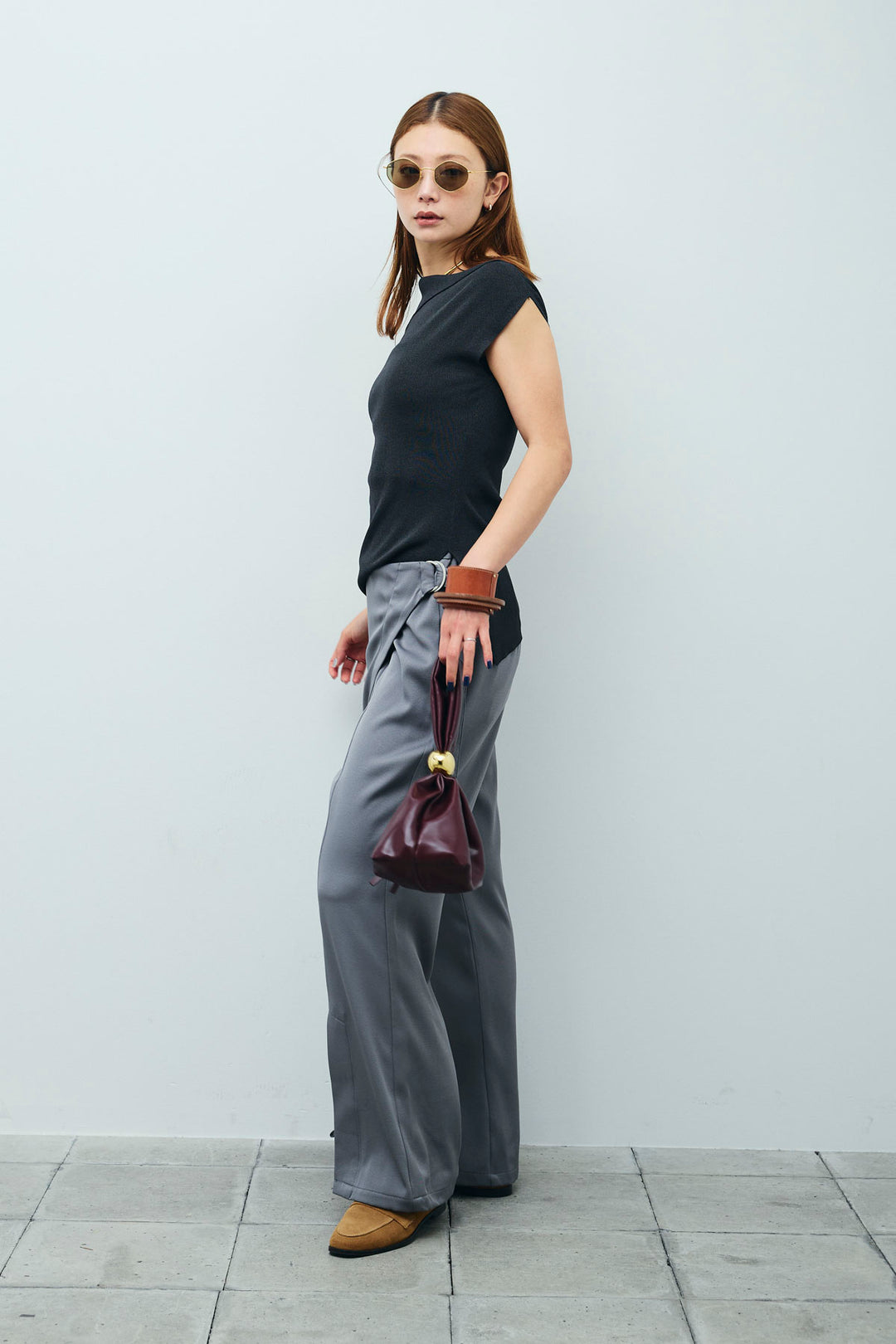 [予約/SET]アシンメトリーオフショルサマーニット+スリットラップパンツ(2set)