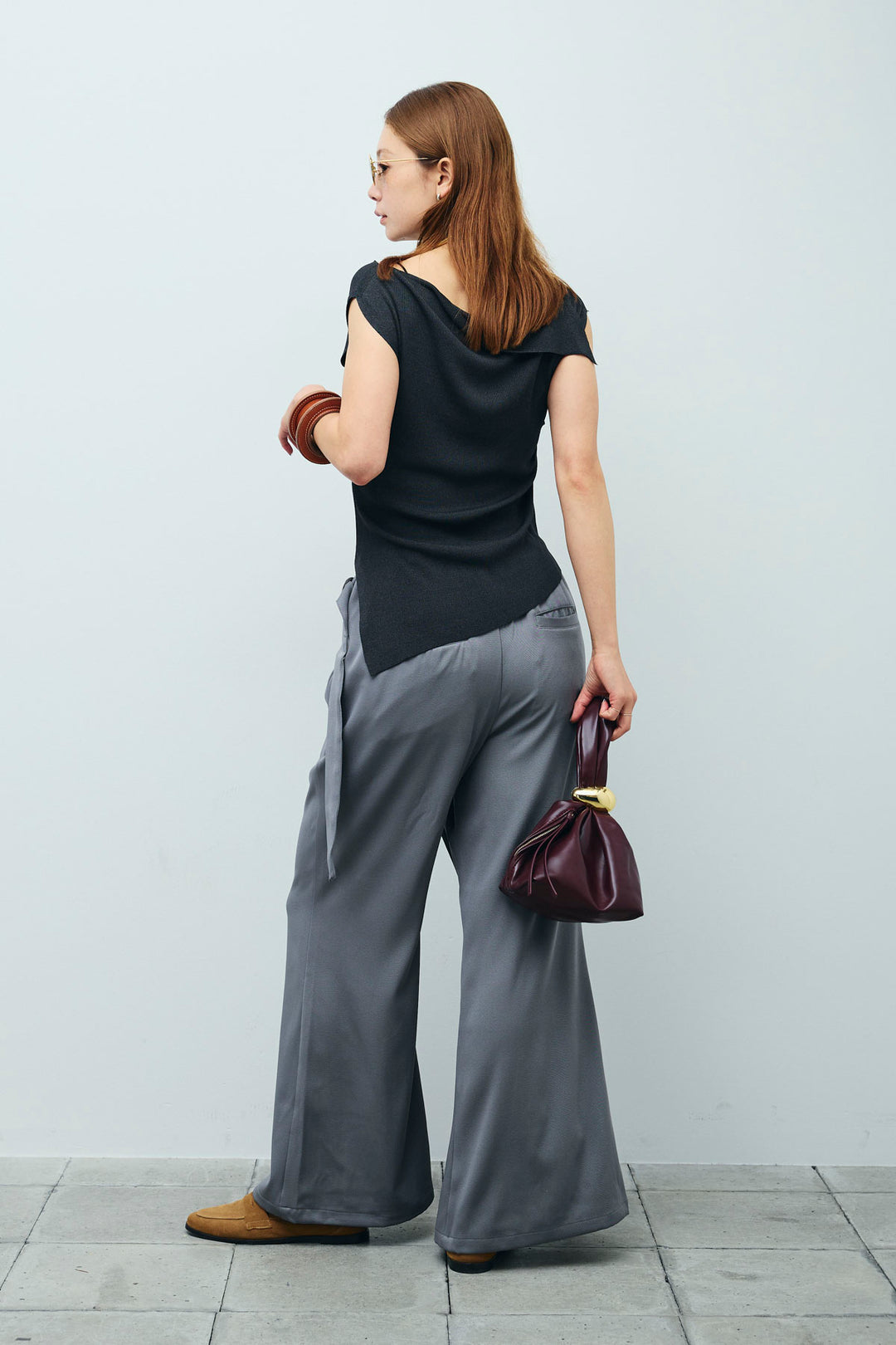 [予約/SET]アシンメトリーオフショルサマーニット+スリットラップパンツ(2set)