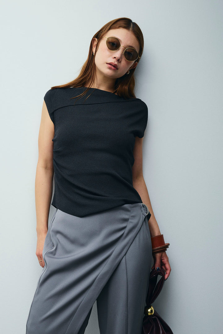 [予約/SET]アシンメトリーオフショルサマーニット+スリットラップパンツ(2set)