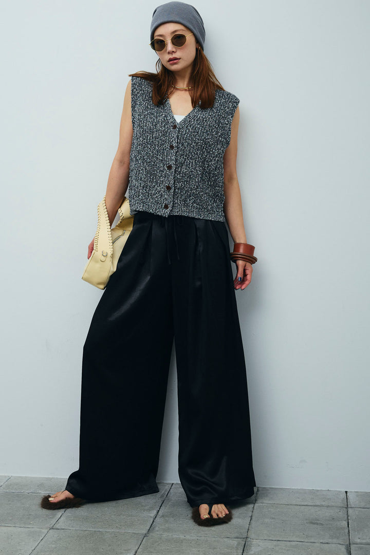 [予約/SET]Vネックサマーニットベスト+ウエストドロストサテンパンツ(2set)