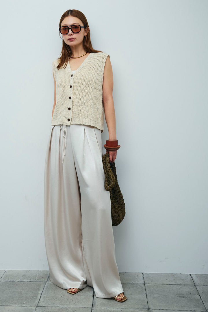 [予約/SET]Vネックサマーニットベスト+ウエストドロストサテンパンツ(2set)